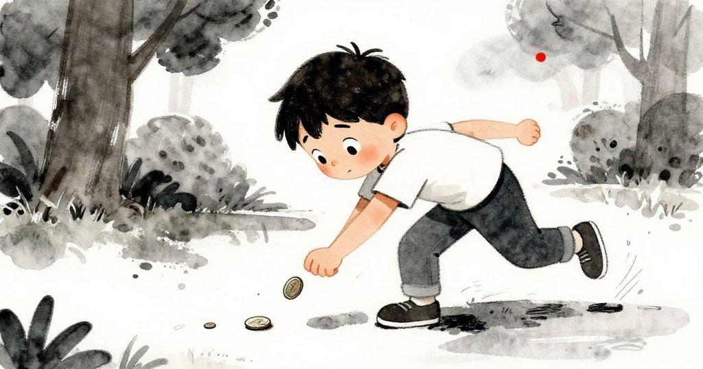 Bram迅速彎身拾起地上的硬幣，動作迅急且專注，展現緊張與期待情緒，氣氛活躍且充滿張力。