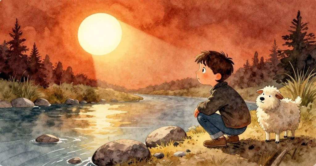 Kent蹲在河邊檢查河石上奇異的曲痕，羊犬依偎在側，光影交織中展現自然與探索的情懷。