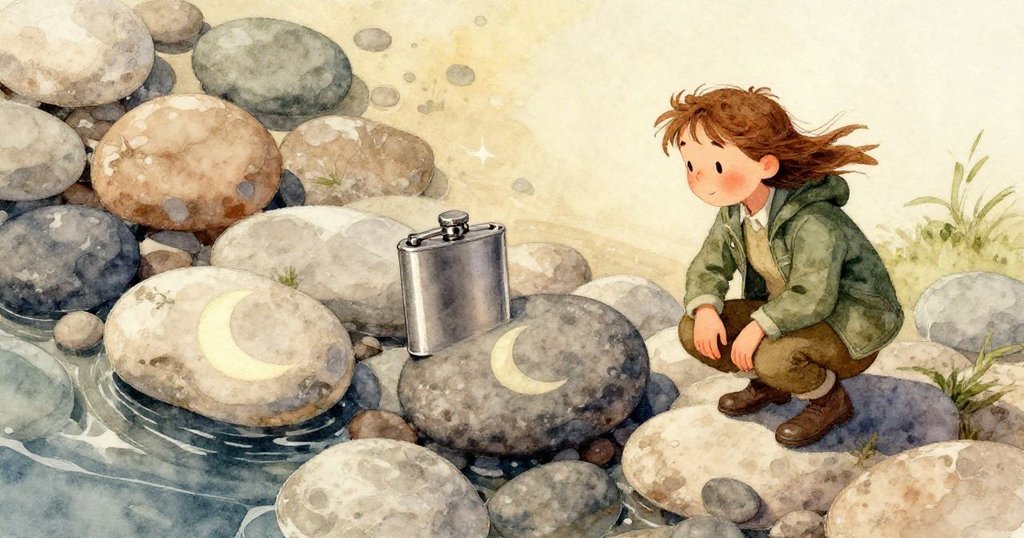 小狗追逐飄落的葉子，激起飛散石粒，Kent的腳印在濕潤河石上若隱若現，充滿生氣。