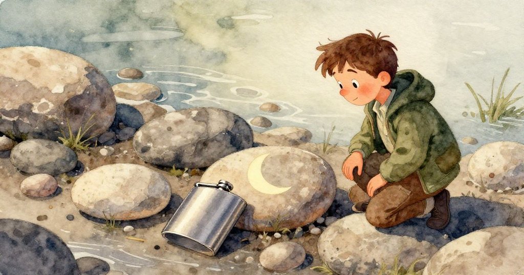 透過石隙可見Kent專注觸摸平整石塊，指尖探索石質細節，彷彿在尋找答案，情感真摯。