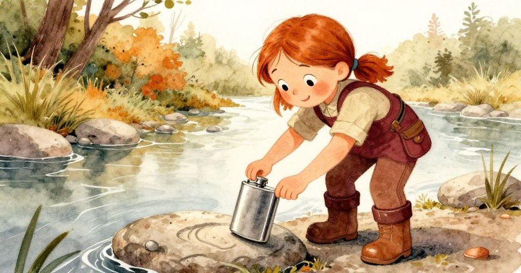 Sara踏著濕潤河石登場，輕敲瓶身顯露神秘曲紋，臉上流露出驚奇與好奇之情。