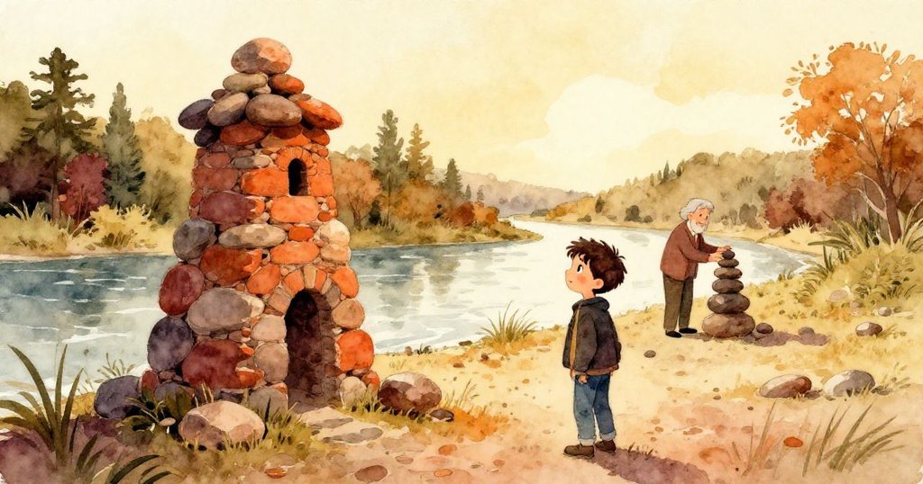 廣角呈現河畔景致，Kent的石塔矮小穩健，遠處老夫婦細心調整石疊，連結不同年齡的自然智慧。