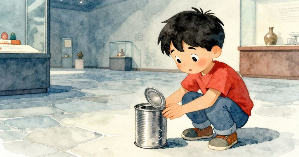 Glen 近距離仔細觸摸帶有刮痕的鋼製圓柱,展廳石地板映襯柔光,透出歷史感