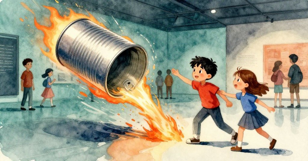 動態場面中,圓柱傾斜留動態軌跡,Glen 與 Zara 專心互動,背景有遊覽團穿行,展現緊湊節奏