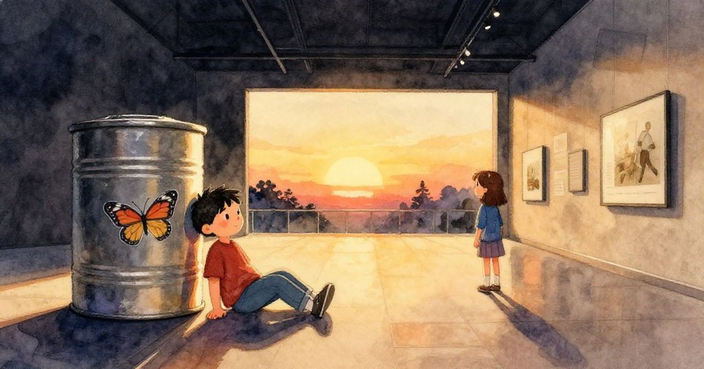 關燈時分,博物館內暖黃光線映襯下,圓柱安靜橫臥,Glen 與 Zara 靜思時刻點綴一枚蝴蝶貼紙