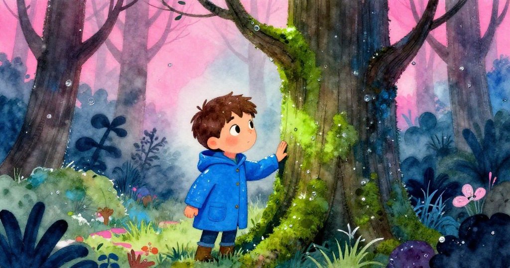 米爾斯在晨霧濕潤森林中走近樹幹，伸手觸摸苔蘚，雨絲中透出霓虹粉與電藍光芒，表情充滿好奇。