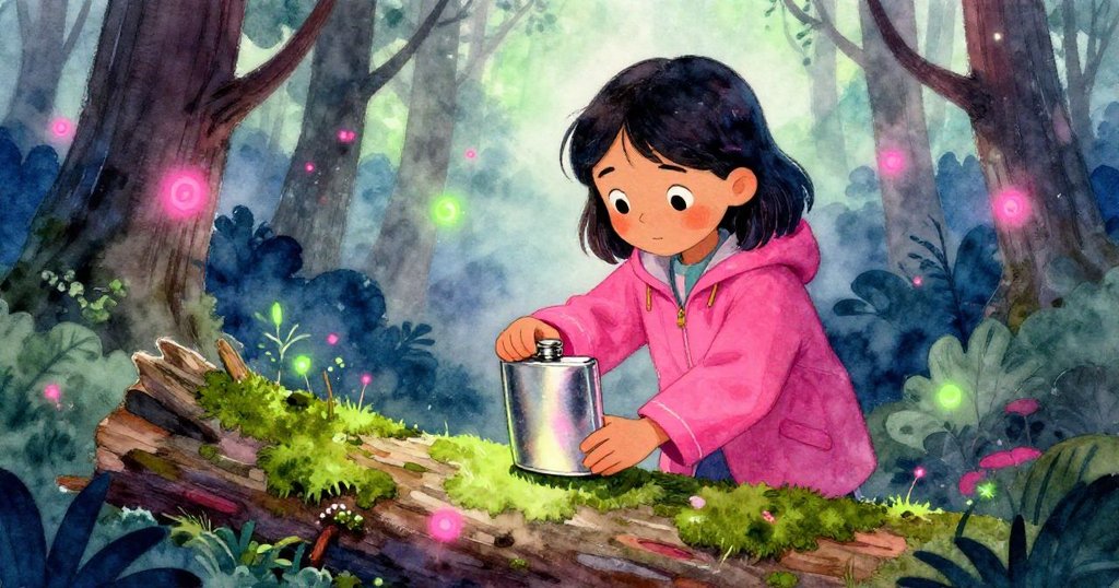 比亞在濕潤森林中輕放閃亮銀色茶壺於滑木上，雨滴閃爍，神情專注，環境透出霓虹粉與酸綠的光芒。