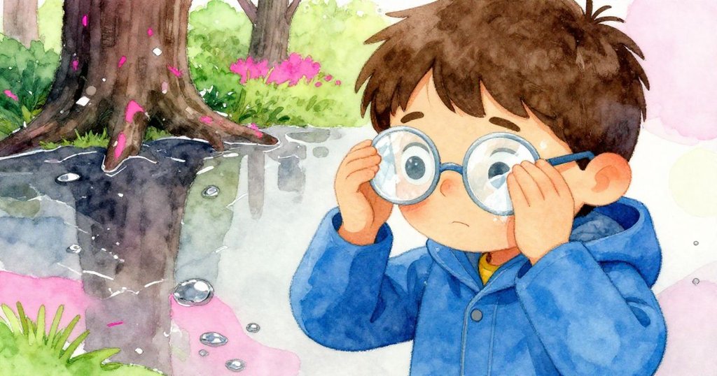 米爾斯正擦拭起霧氣眼鏡，透過水池反映出粗糙樹皮，他表情堅定，周遭充滿霓虹粉與鉻銀光輝。