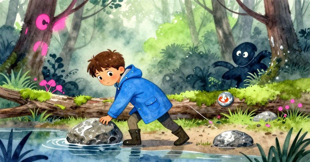 米爾斯在濕潤森林中努力從水邊拖拉一塊扁岩石至苔蘚樹幹上，情緒堅定，光影交錯霓虹粉與鉻銀明亮。