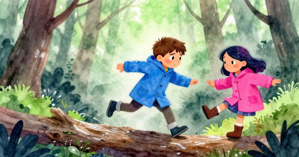 米爾斯和比亞在濕滑木頭上急速前行，動感十足共同跨越挑戰，表情專注並充滿緊張與合作希望。