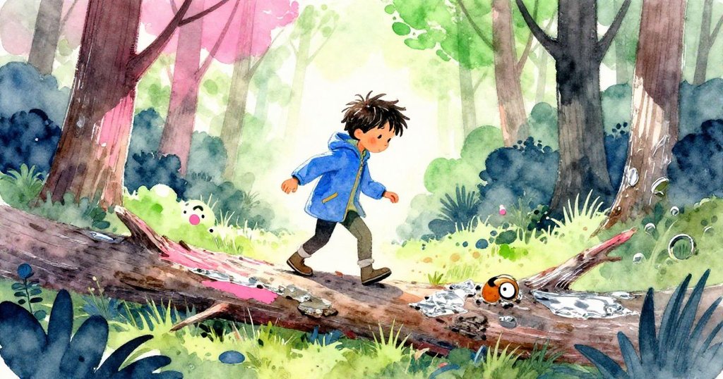 查恩踏入光線明亮的森林空地，在倒樹上穩健前行，周遭灑滿霓虹粉與鉻銀光線，寓意重逢與希望開始。