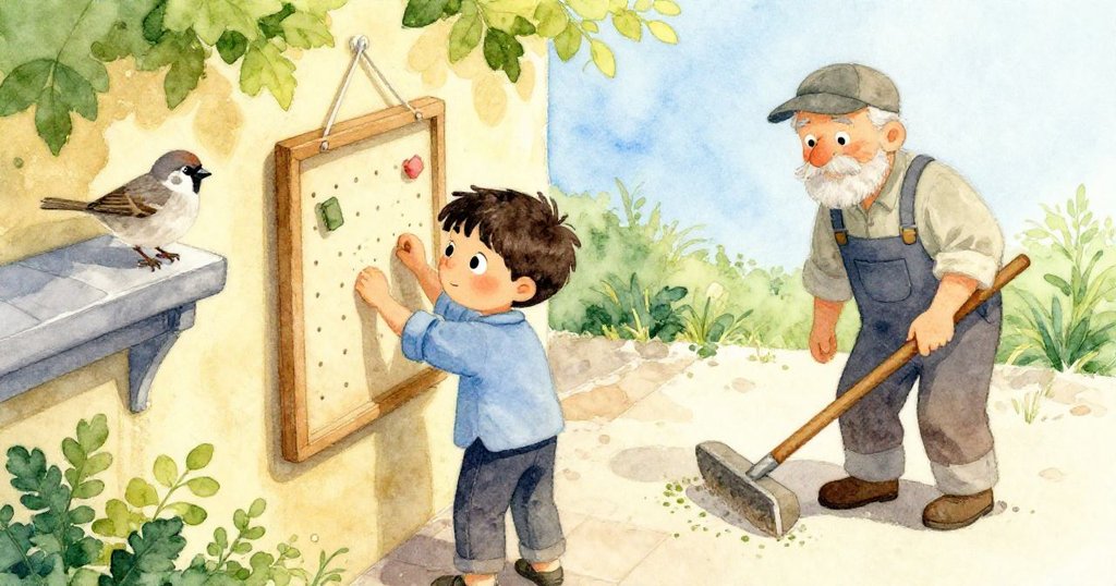 Theo在庭院忙著尋找材料,灰雀棲於排水溝上,園丁在背景掃落葉,晨光溫暖,充滿活力與期待