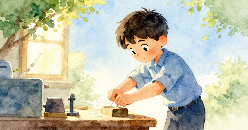 Theo聚精會神調整手腕送入紙條,側光映出專注神情,工作台上散落木屑,透露奮鬥與堅持精神