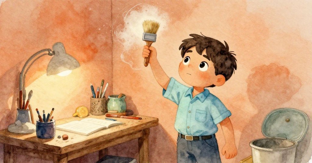 Theo在隱蔽角落揚起柔刷,木屑隨風輕舞,場景柔和且神秘,展現細膩而靜謐的工作氛圍