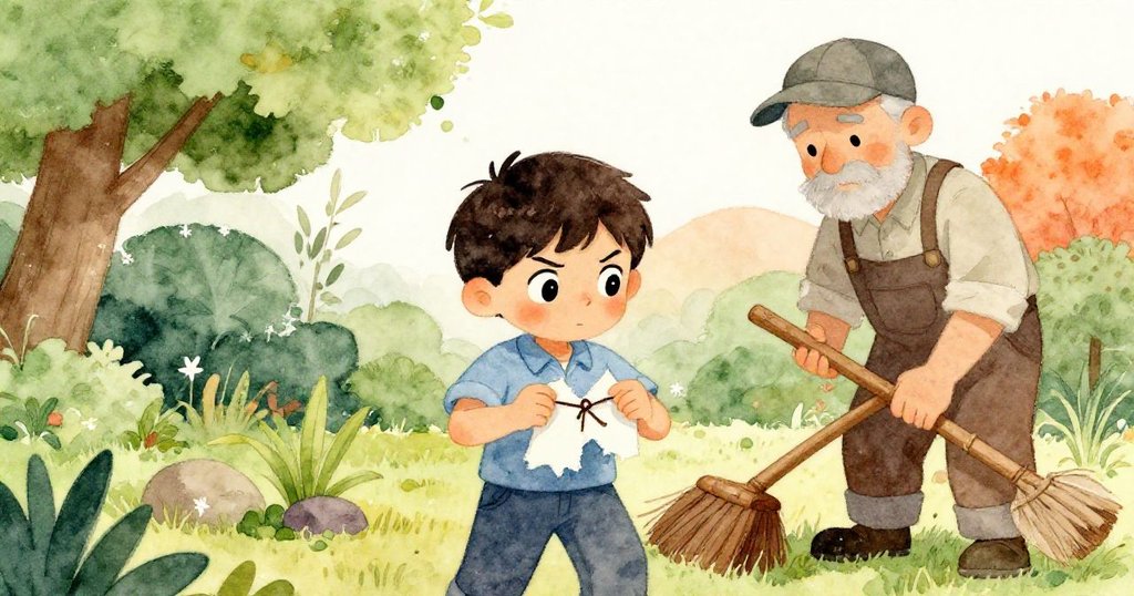 Theo面對紙條破裂努力修補,神情堅定略帶困惑,園丁在旁輕掃碎屑,戶外工作氣氛略顯緊張