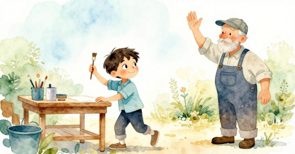 Theo完成工作從工作台後退,臉上展露滿足笑容,園丁友善揮手告別,陽光灑下柔和晨光,散發溫馨氛圍