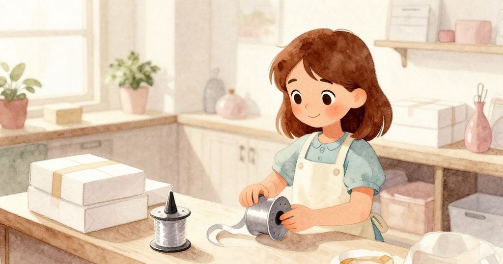 在晨光照耀下，Opal在包裝桌前忙碌，身影明亮，準備開始今日的包裝工作。