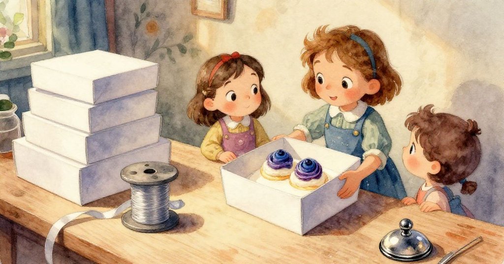 Opal的手細緻操作銀色絲帶與粉白糕點盒，展示包裝桌上豐富的質感細節。