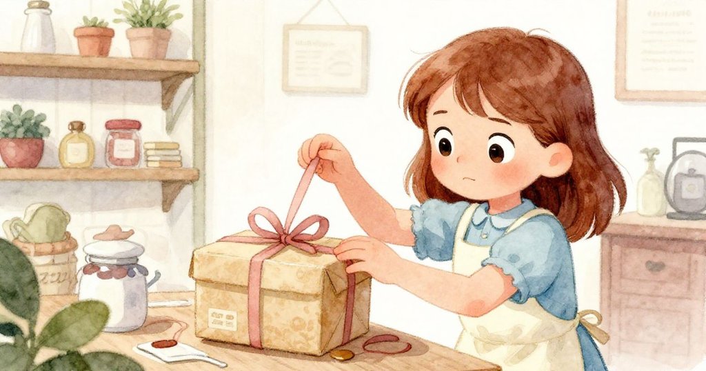 Opal發現包裝盒蓋被纏繞無法關閉，神情驚訝而專注，店內細節豐富。