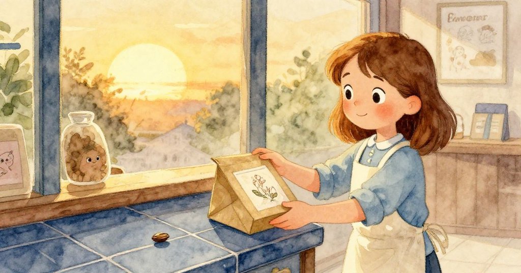 夕陽餘暉中，Opal放下完成的包裝，微光下一顆種子在地磚上緩緩旋轉，店內平靜溫暖。