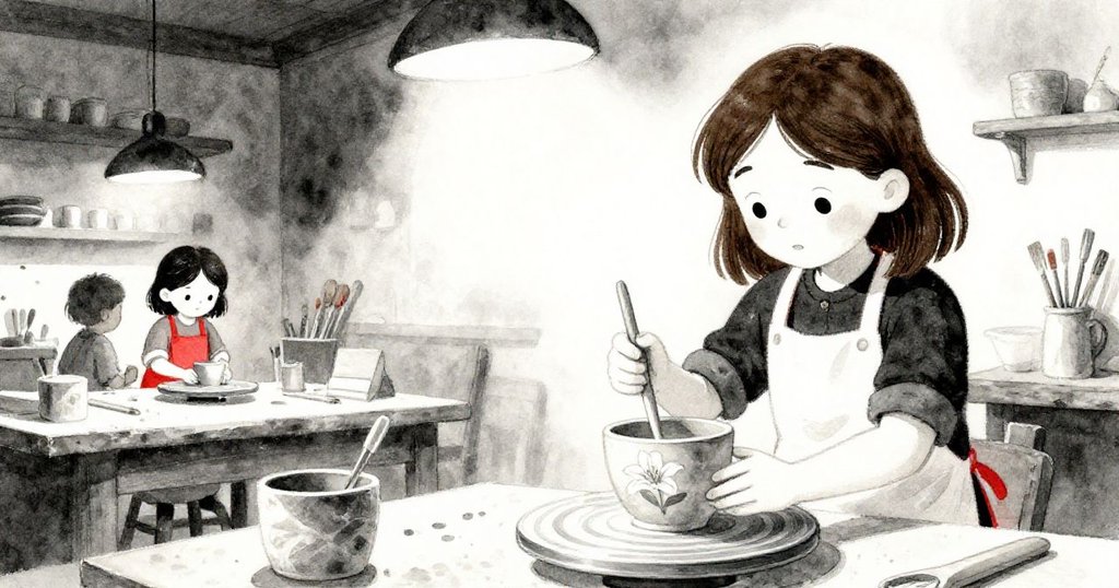 Hazel在工作室中用木棒敲擊百合圖案杯子，角度傾斜展現好奇與探究氣氛，背景散佈器具呈現實驗初始情境