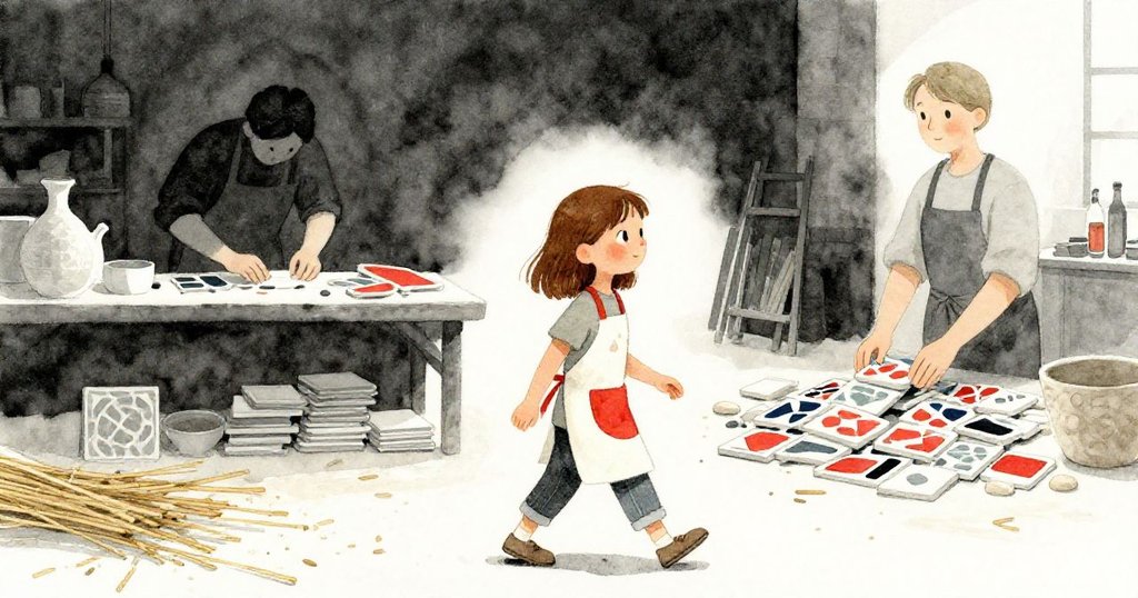 Hazel踏著堅定步伐穿過散落稻草和彩色瓷磚，背景中Dawn安靜整理瓷磚，呈現工作室內活躍與協作初步情節