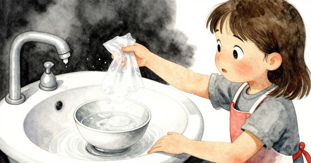 Hazel在洗槽旁停步，透過水面觀察倒映的完美碗盤，手勢溫柔且專注，展現轉折關鍵的靜謐時刻