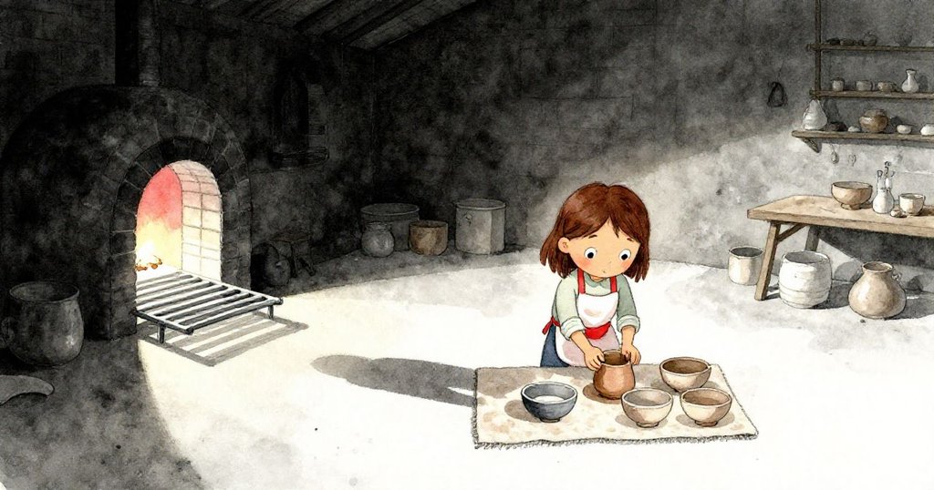 Hazel滿意地放下杯子於器皿中，走離工作站，陰影柔和覆蓋毛氈，畫面溫馨呈現全程努力後的團聚感