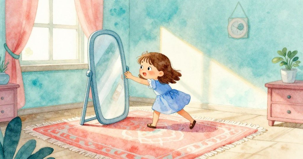 Mae用力推動塑膠鏡子,光斑在地毯上跳動,房間充滿溫暖與戲劇性的光影效果。