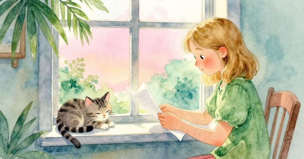 Greta在窗邊翻閱著泛黃書頁,條紋貓安靜地臥在窗台上,房間散發著歷史與溫暖的光影。