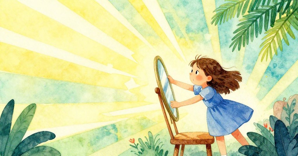 Mae從低角度展現堅毅神情,正小心翼翼地將鏡子放在椅背上,房內光線鋸齒形展開。