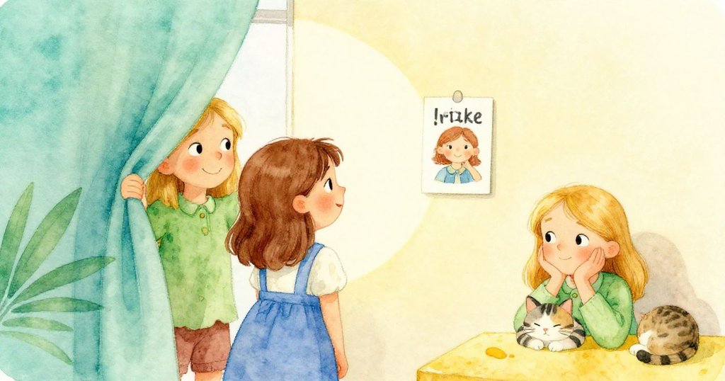 Greta穩住窗簾,光圈歸位牆上卡片,Mae與條紋貓流露出鬆弛喜悅,共慶成功完成光線調整。