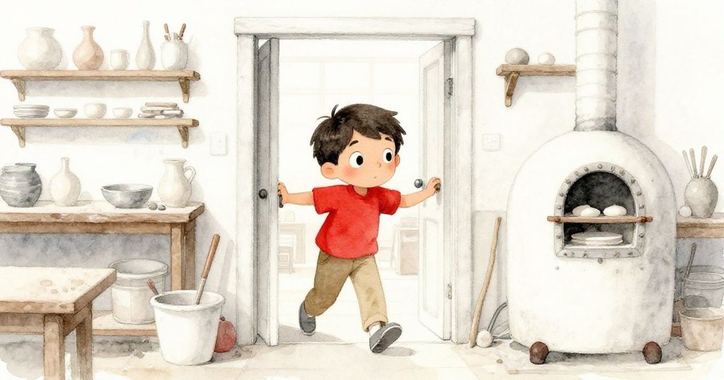 Jude走進陶瓷工作室,透過明亮門框觀察工具與窯爐,表情充滿好奇與期待。