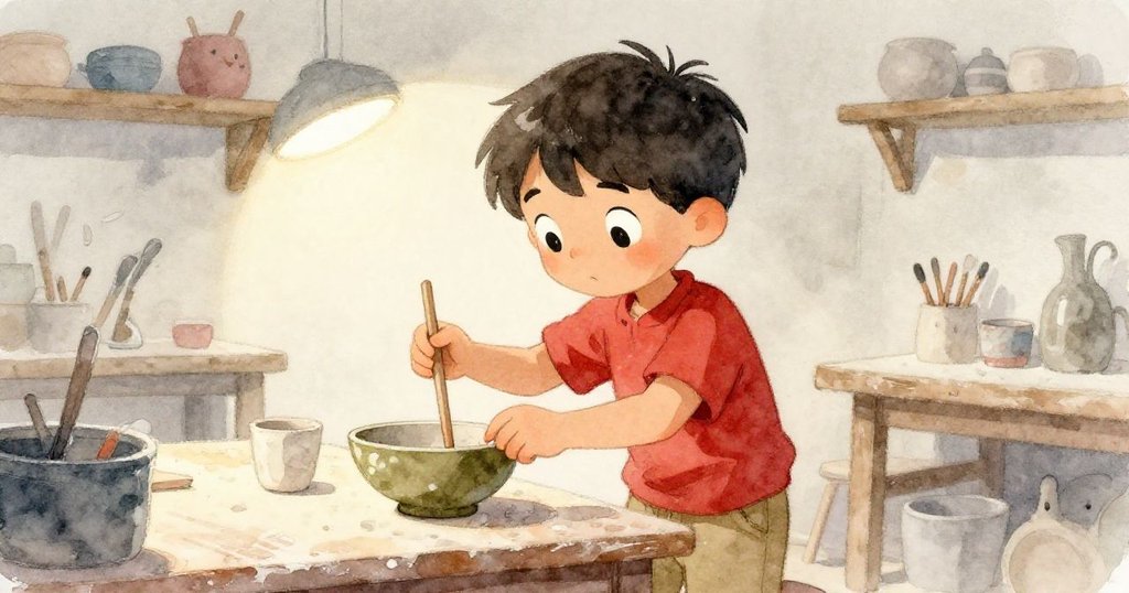 從低角度看Jude專注調整木棍輕觸陶器,場景中陶土溫暖質感與微妙光影營造神情。