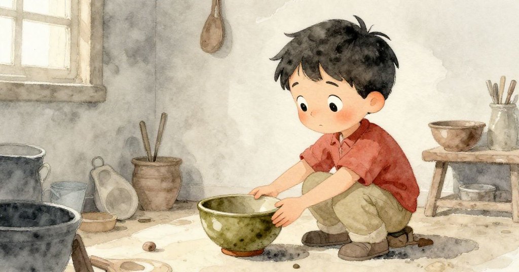 Jude輕觸釉色陶器,眼神回憶昨日窯爐溫暖,畫面溫柔懷舊,營造寧靜細膩感。