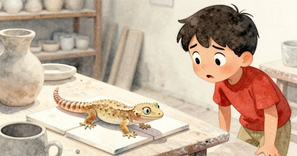 壁虎尾觸樣板發出清脆聲,Jude神情緊張注視陶瓷,畫面充滿懸念與好奇細節。