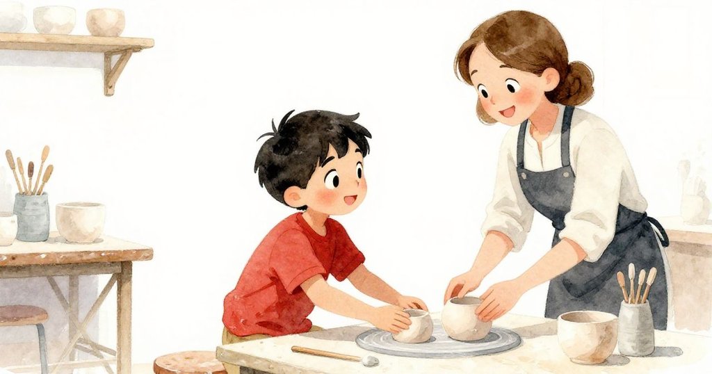 Jude輕推陶器排列完美,導師滿意微笑見證成功,畫面溫暖明亮,呈現解決緊張情緒后的和諧。