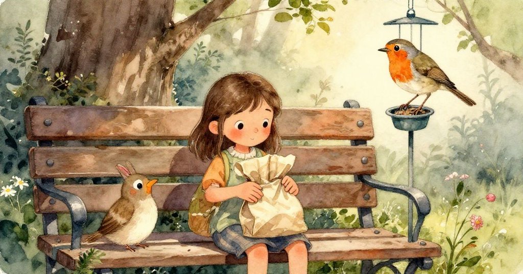 Fern的手和木匙近距動作展示紙袋中籽粒傾瀉,麻雀叼著條紋種子,細節豐富且動感明顯。