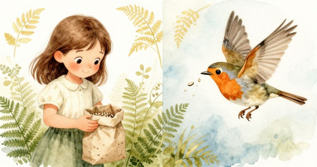 Fern傾斜紙袋灑出籽粒與麻雀靈活躍躍接種子,畫面分割呈現動靜呼應自然和諧景象。