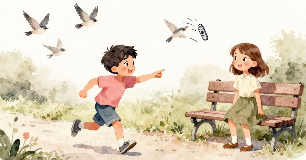 Ian邊跑邊指向Fern的紙袋,Fern驚訝起身尋找手機,背景中麻雀紛飛,顯示中斷突發情境。