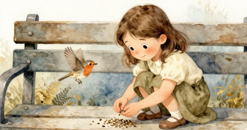 Fern蹲下撿拾散落籽粒,神情複雜而堅定,麻雀近旁靜觀,呈現內心掙扎與責任感。