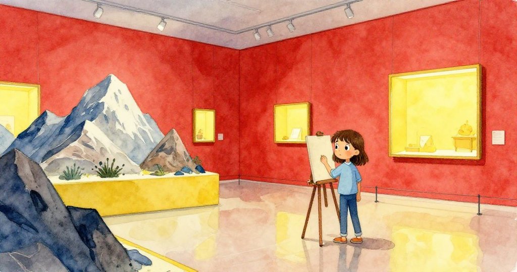 Faye 在博物館內架設畫架，背景出現山景展示與光亮地板，展現充滿期待與冒險的情景