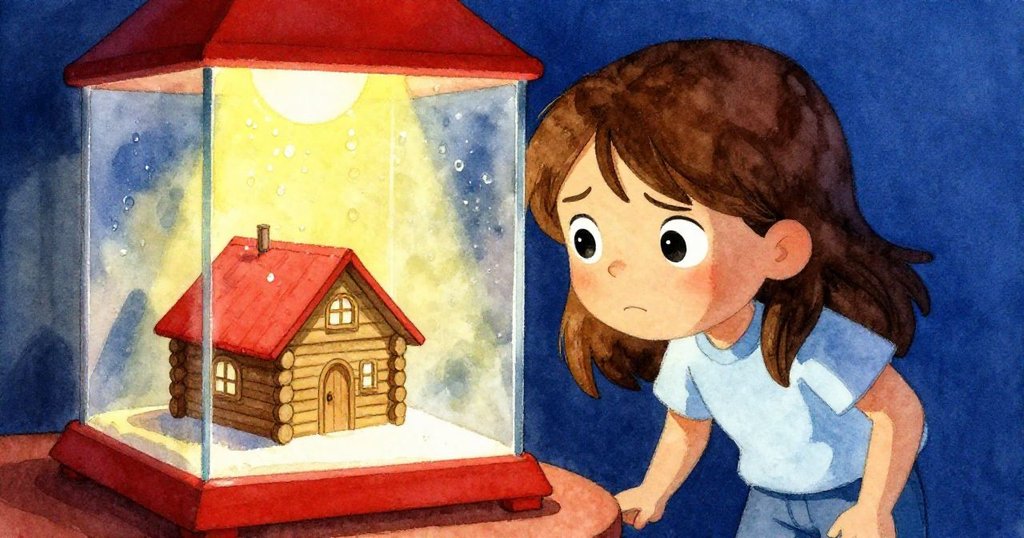 Faye 靠近展示櫃，臉上流露專注與猶豫，透過水霧觀看被模糊的木屋模型