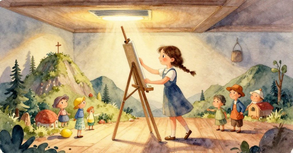 從Faye的視角看，她用濕紙巾輕拭畫作，意外產生的水墨效果豐富了玻璃上木屋的細節