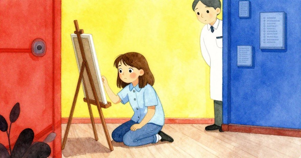 博物館隱蔽角落內，工作人員跪下放置吸收條，Faye 目光複雜，情緒介於安心與急切之間