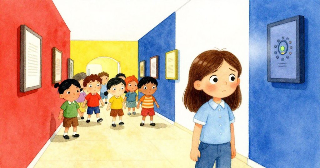 在博物館走廊中，Faye 因計時器聲響猶豫不決，背包顯得沉重，遠處團體逐漸靠近，情勢緊張