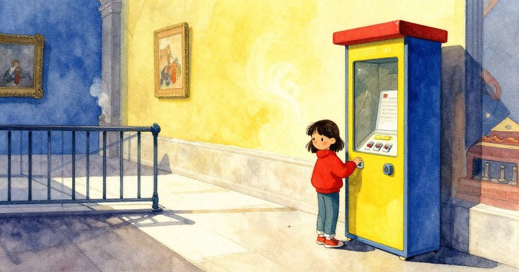 Nadia 在博物館樓閣外等待耳機，金色暖光映襯下，蒸氣輕輕上升，畫面充滿溫馨與結局的平靜