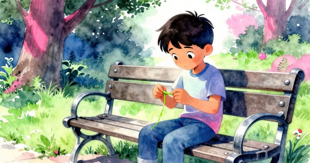 Reed在陽光與陰影交錯的公園長椅上用手指固定蠟質綠線,表情專注準備開始創作,背景光影分明。