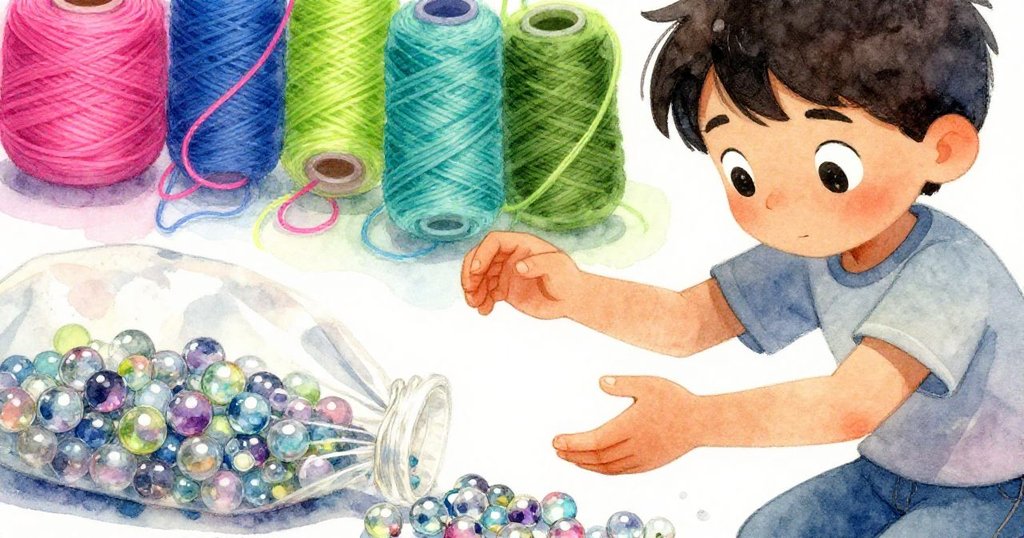 Reed小心捕捉滾動的玻璃珠,手指緊握著色彩斑斕線條,細節清晰,背景隱現供應袋,動作果斷。