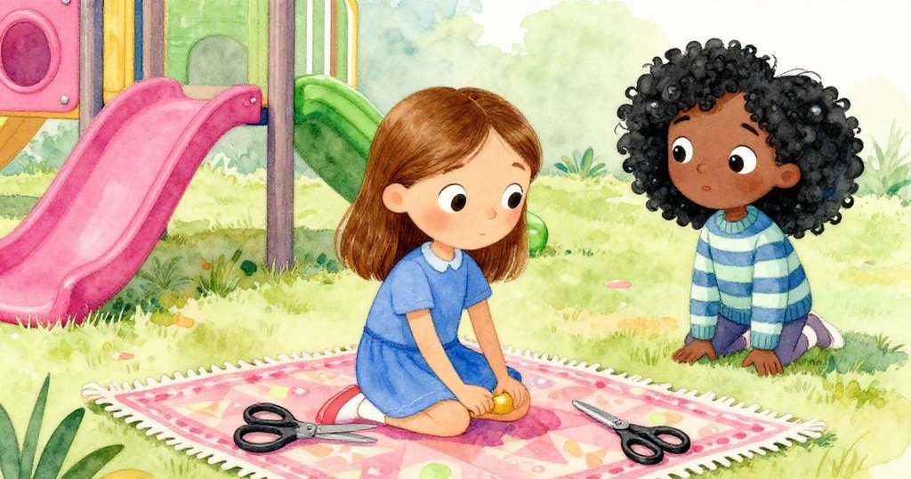 Thea坐在彩色毯子上平衡著書本,旁邊有剪刀,背景中Ella留意著輕微翻倒的杯子,場景安靜溫暖。